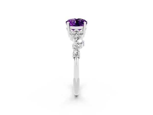 White gold Oval Cut Amethyst Scattered Round Accent Ring with Prong Setting