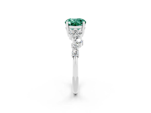 White gold Oval Cut Green Sapphire Scattered Round Accent Ring with Prong Setting