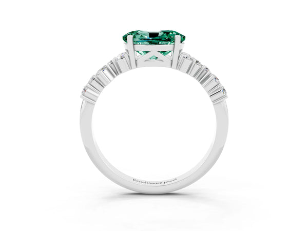 Platinum Oval Cut Green Sapphire Scattered Round Accent Ring with Prong Setting