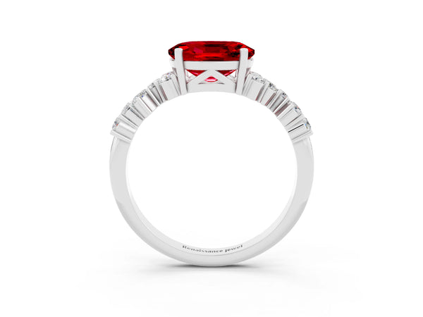 White gold Oval Cut Ruby Scattered Round Accent Ring with Prong Setting