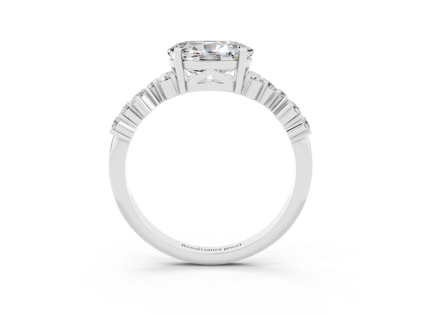 Silver Oval Cut Moissanite Scattered Round Accent Ring with Prong Setting
