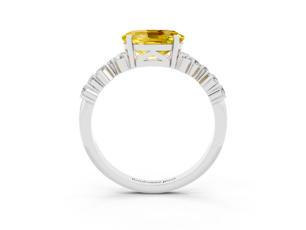 Silver Oval Cut Yellow Sapphire Scattered Round Accent Ring with Prong Setting
