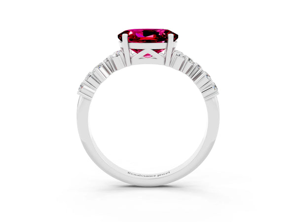 Silver Oval Cut Garnet Scattered Round Accent Ring with Prong Setting