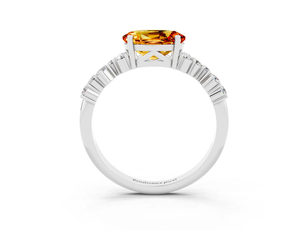 Silver Oval Cut Citrine Scattered Round Accent Ring with Prong Setting