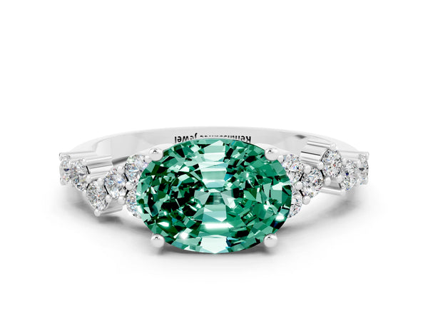 Silver Oval Cut Green Sapphire Scattered Round Accent Ring with Prong Setting