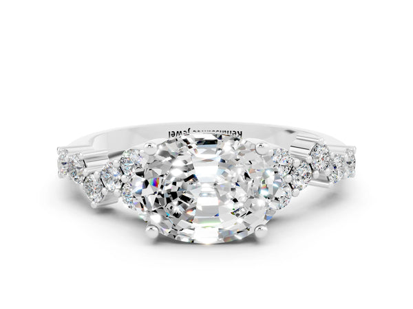 Silver Oval Cut Moissanite Scattered Round Accent Ring with Prong Setting