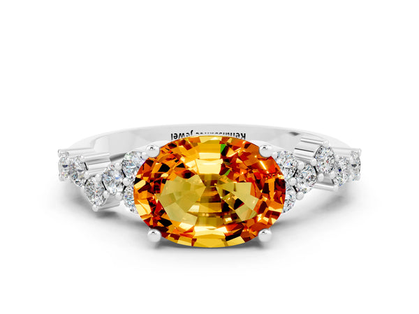 Platinum Oval Cut Citrine Scattered Round Accent Ring with Prong Setting