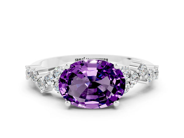 White gold Oval Cut Amethyst Scattered Round Accent Ring with Prong Setting