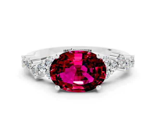 Platinum Oval Cut Garnet Scattered Round Accent Ring with Prong Setting