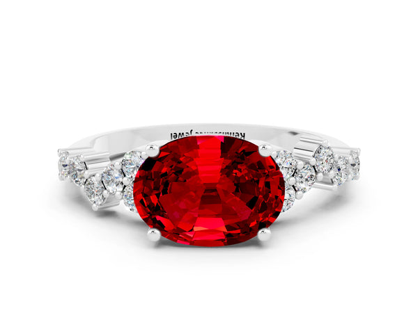 Silver Oval Cut Ruby Scattered Round Accent Ring with Prong Setting