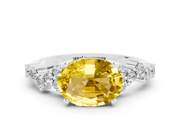 Platinum Oval Cut Yellow Sapphire Scattered Round Accent Ring with Prong Setting