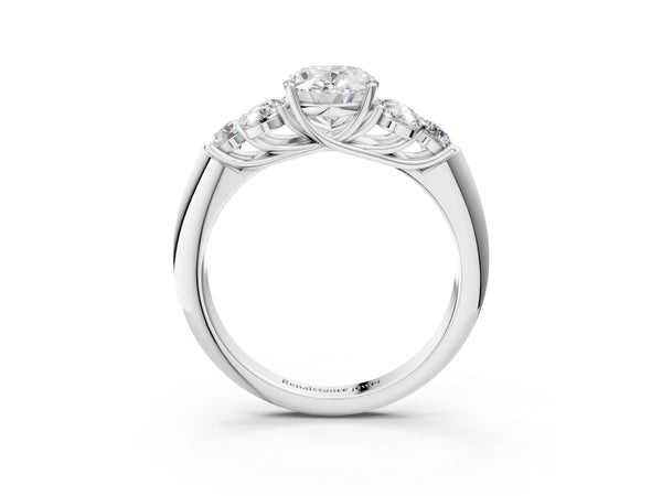 White gold Oval Cut Diamond Cluster Ring with Round Accent Stones and Prong Setting on a Classic Band