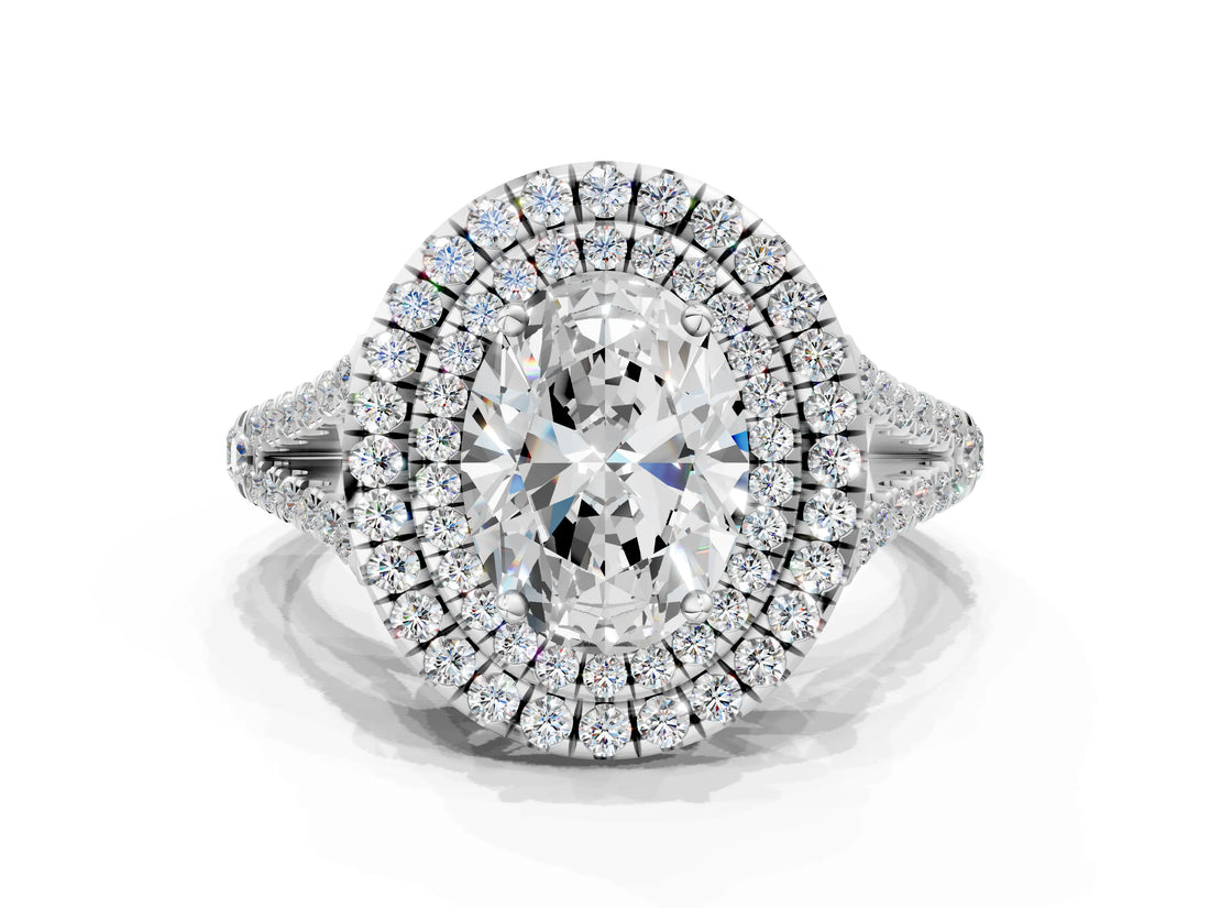 White gold Oval Cut Diamond Double Halo Ring with Pavé Band and Prong Setting_169