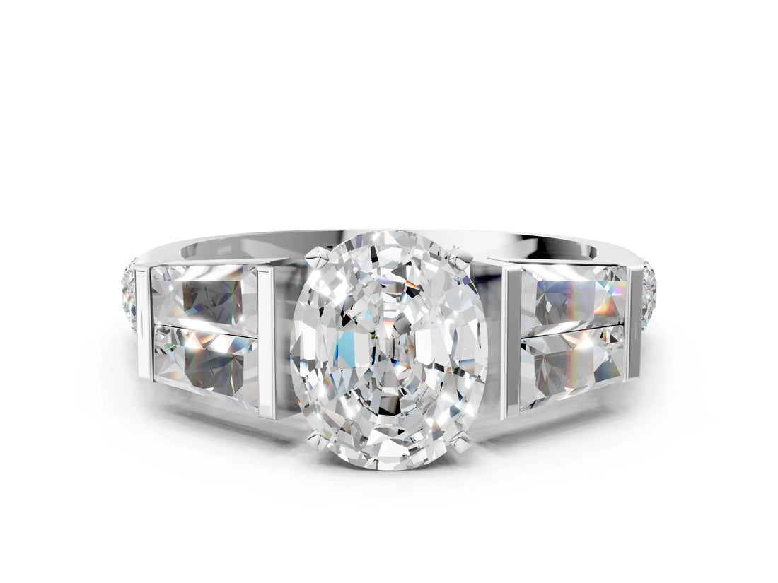 White gold Oval Cut Diamond Engagement Ring with Baguette Side Stones and Channel Set Band_41