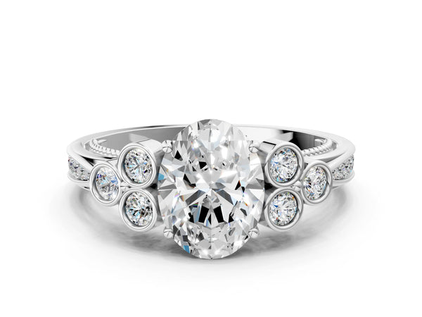 White gold Oval Cut Diamond Engagement Ring with Bezel Set Round Side Stones and Prong Setting