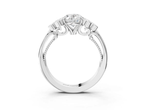 White gold Oval Cut Diamond Engagement Ring with Bezel Set Round Side Stones and Prong Setting