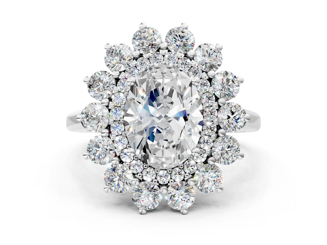 White gold Oval Cut Diamond Floral Double Halo Engagement Ring with Prong Setting_43