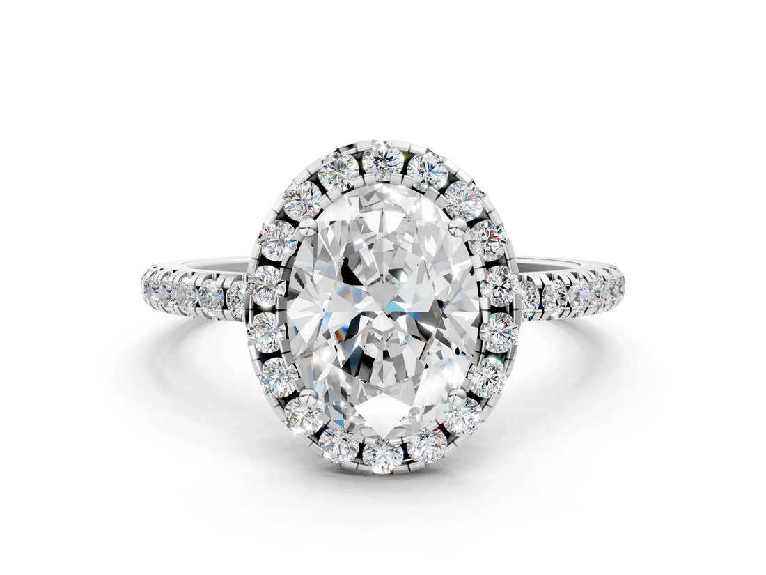 White gold Oval Cut Diamond Floral Halo Engagement Ring with Pavé Band and Prong Setting_38