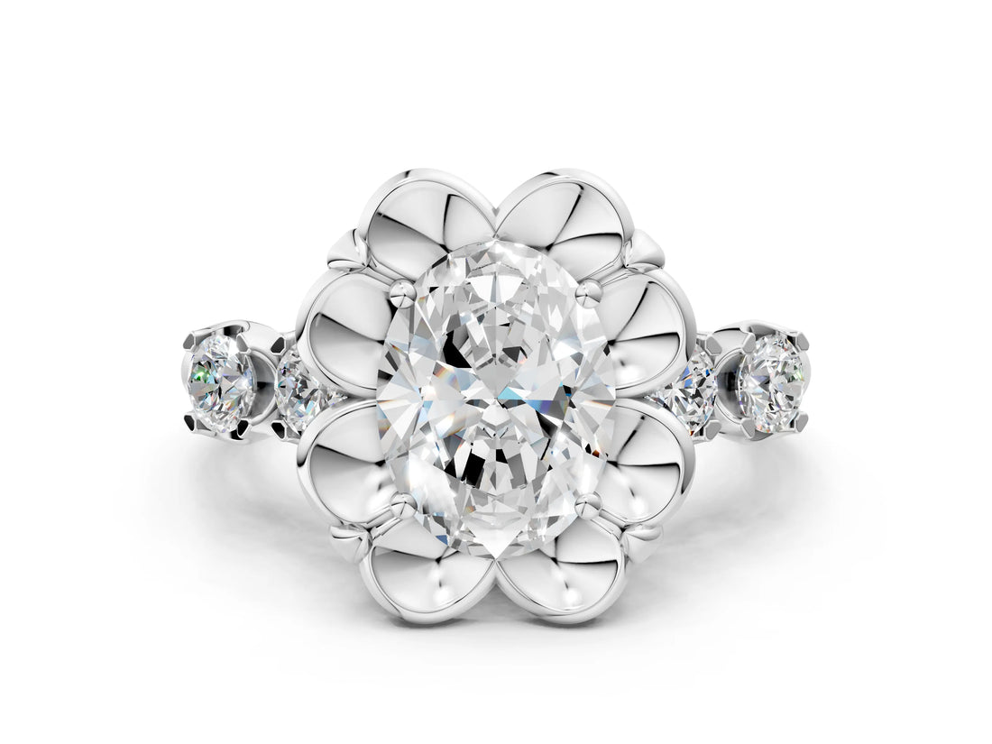 White gold Oval Cut Diamond Floral Halo Engagement Ring with Shared Prong Setting 1