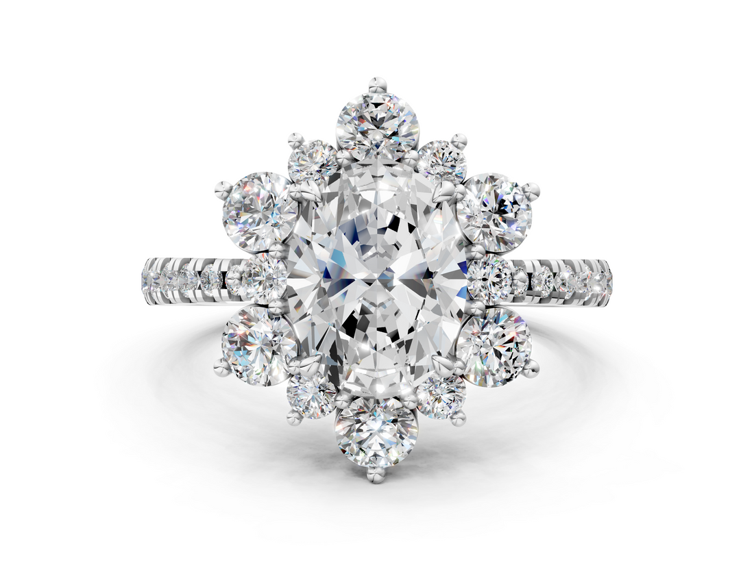 White gold Oval Cut Diamond Floral Halo Pave Band with Prong Setting_35