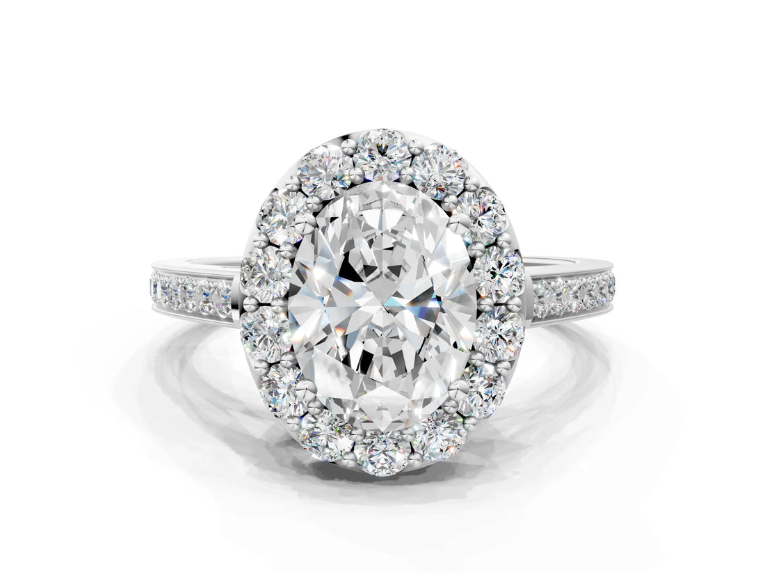 White gold Oval Cut Diamond Floral Halo Ring with Pavé Band and Prong Setting_10