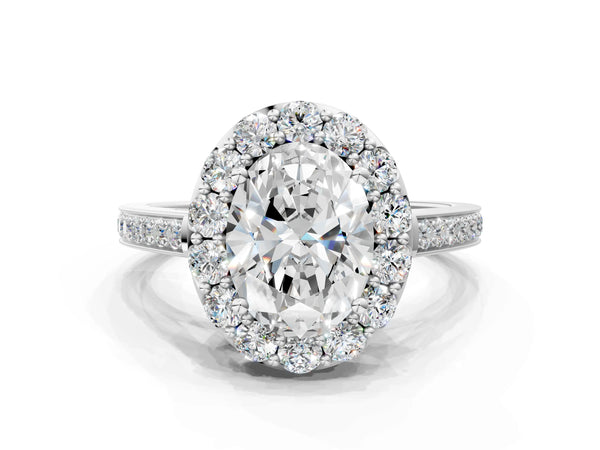 White gold Oval Cut Diamond Floral Halo Ring with Pavé Band and Prong Setting