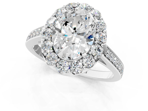 White gold Oval Cut Diamond Floral Halo Ring with Pavé Band and Prong Setting