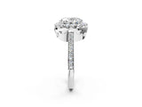 White gold Oval Cut Diamond Floral Halo Ring with Pavé Band and Prong Setting_12