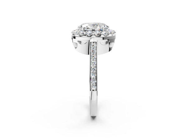 White gold Oval Cut Diamond Floral Halo Ring with Pavé Band and Prong Setting