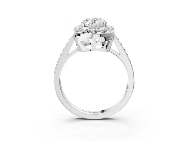 White gold Oval Cut Diamond Floral Halo Ring with Pavé Band and Prong Setting