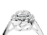 White gold Oval Cut Diamond Floral Halo Ring with Pavé Band and Prong Setting_14