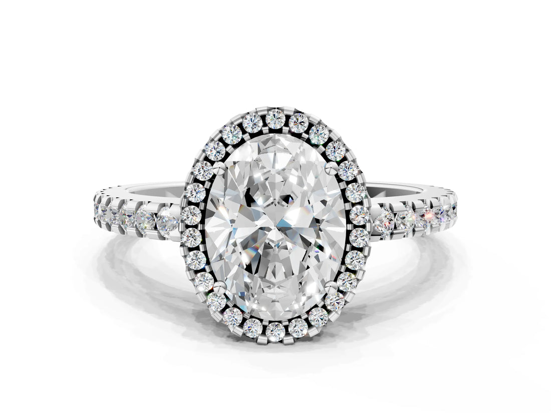 White gold Oval Cut Diamond Halo Engagement Ring with Pavé Band and Prong Setting_27