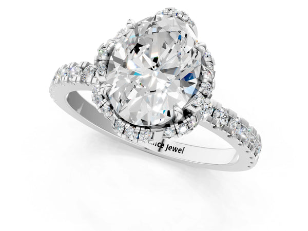 White gold Oval Cut Diamond Halo Pave Band with Four-Prong Setting