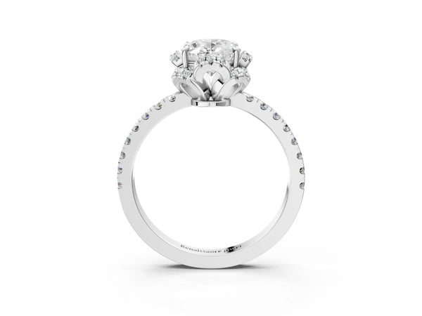 White gold Oval Cut Diamond Halo Pave Band with Four-Prong Setting