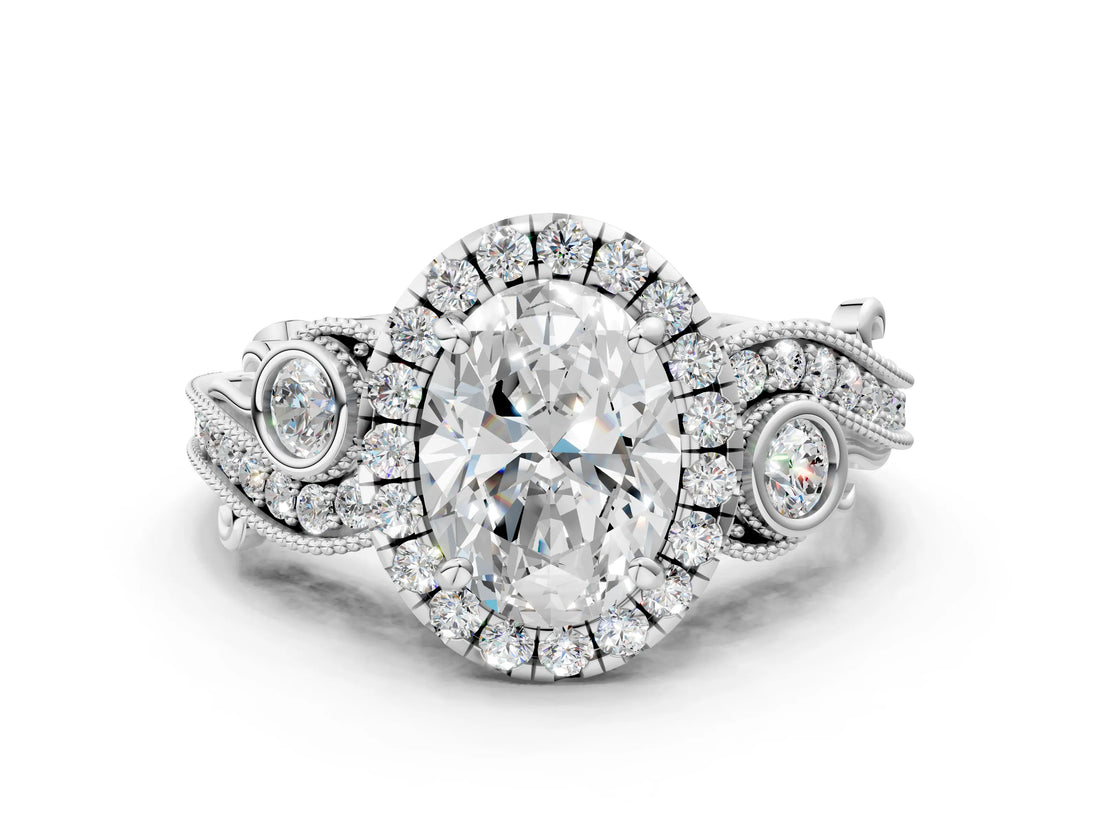 White gold Oval Cut Diamond Halo Ring with Milgrain Pavé Band and Four-Prong Setting_64