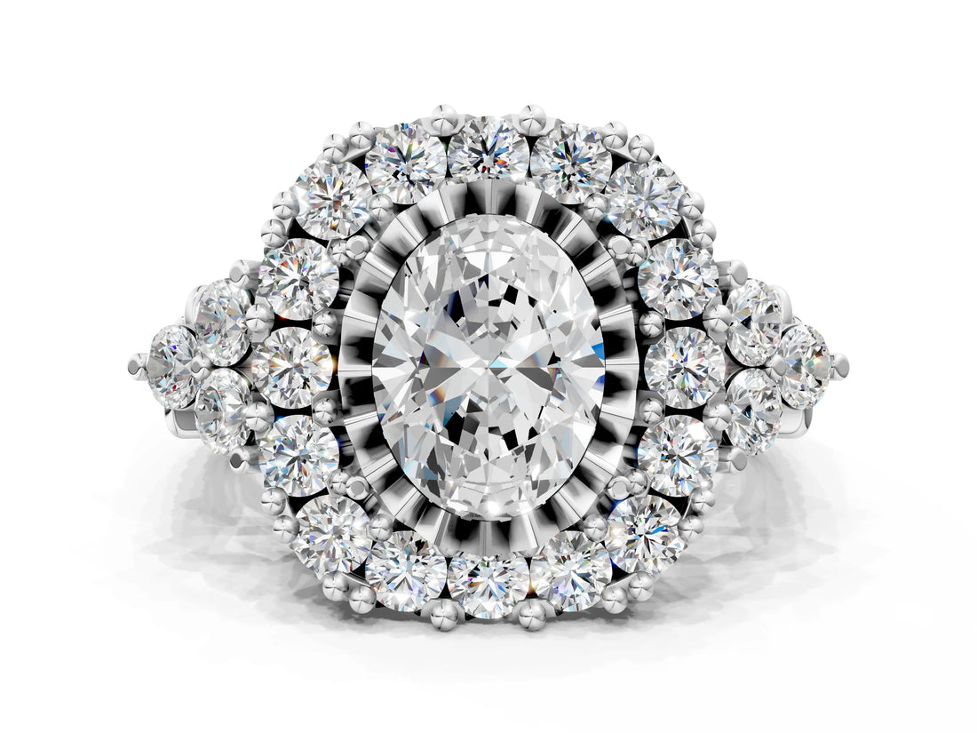White gold Oval Cut Diamond Halo Ring with Pavé Band and Four-Prong Setting_61