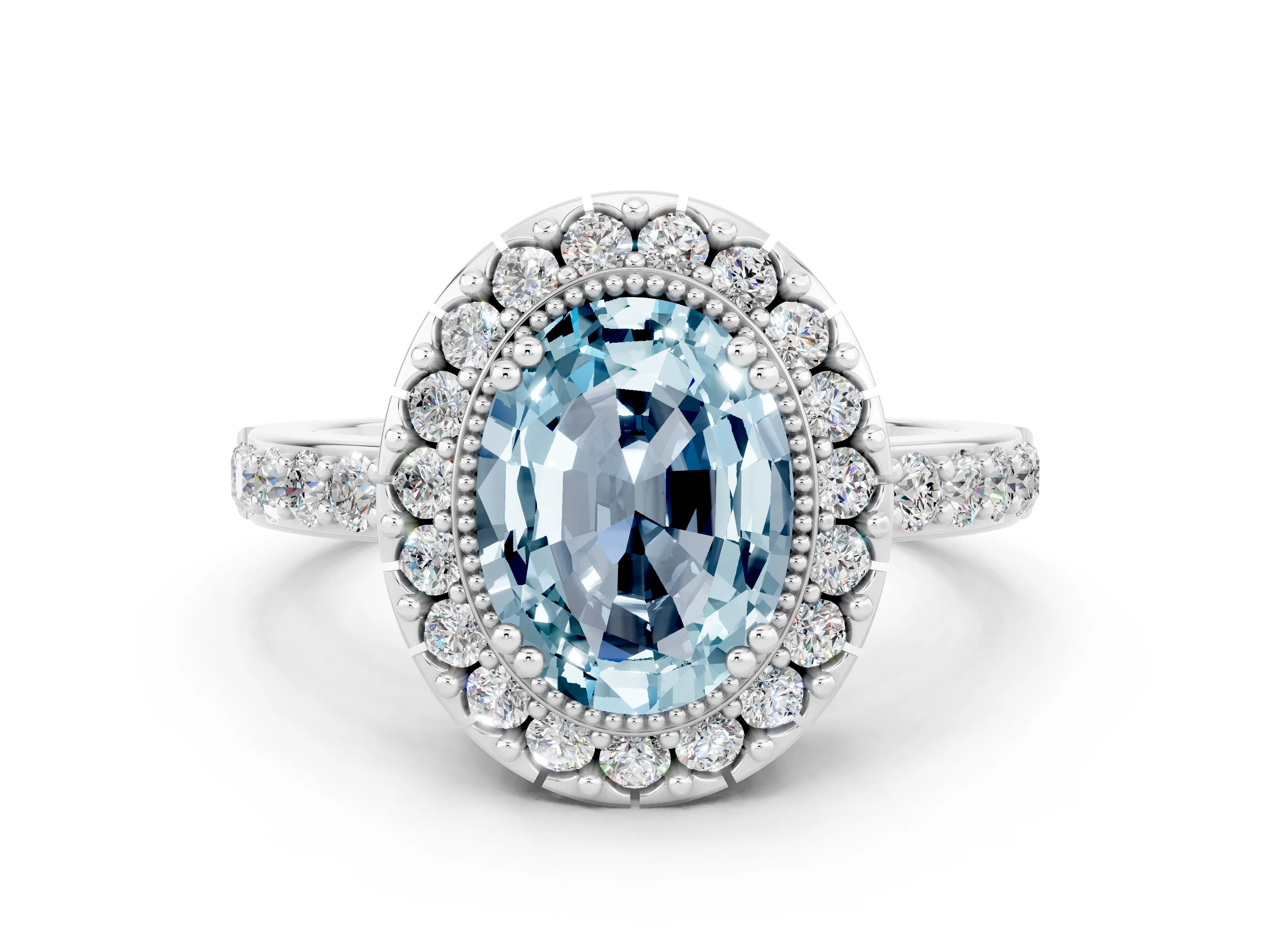 White gold Oval Cut Diamond Halo Ring with Pavé Band and Prong Setting