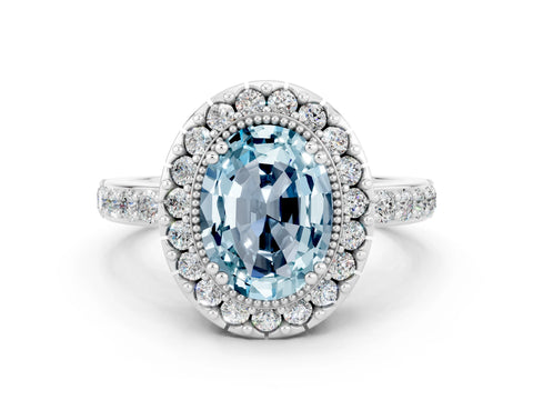 White gold Oval Cut Diamond Halo Ring with Pavé Band and Prong Setting
