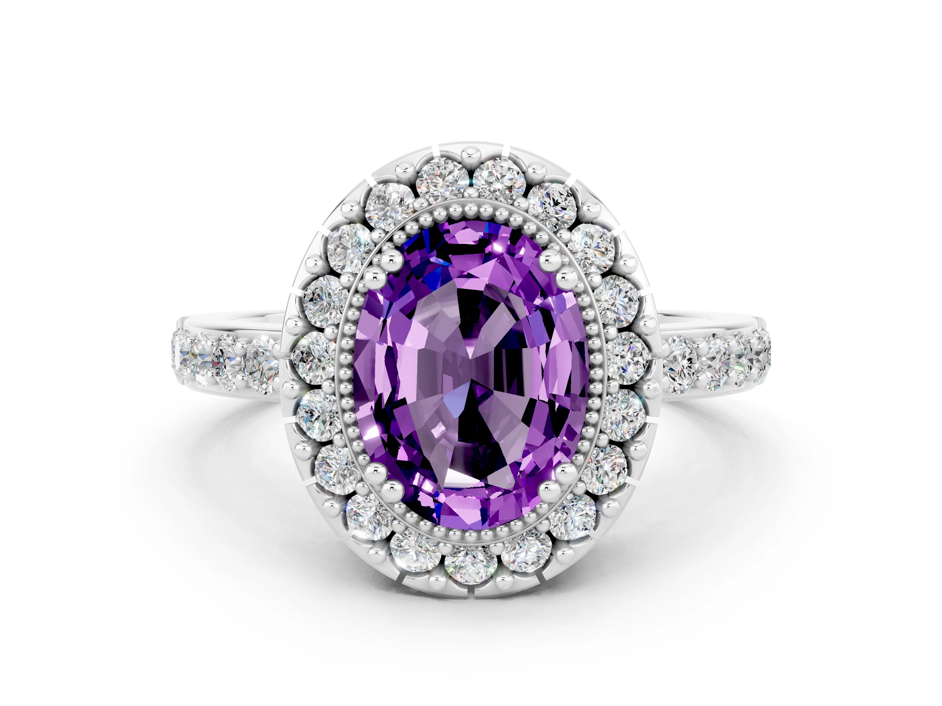 White gold Oval Cut Diamond Halo Ring with Pavé Band and Prong Setting