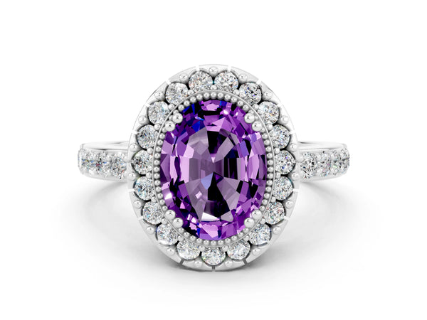 Platinum Oval Cut Amethyst Halo Ring with Pavé Band and Prong Setting
