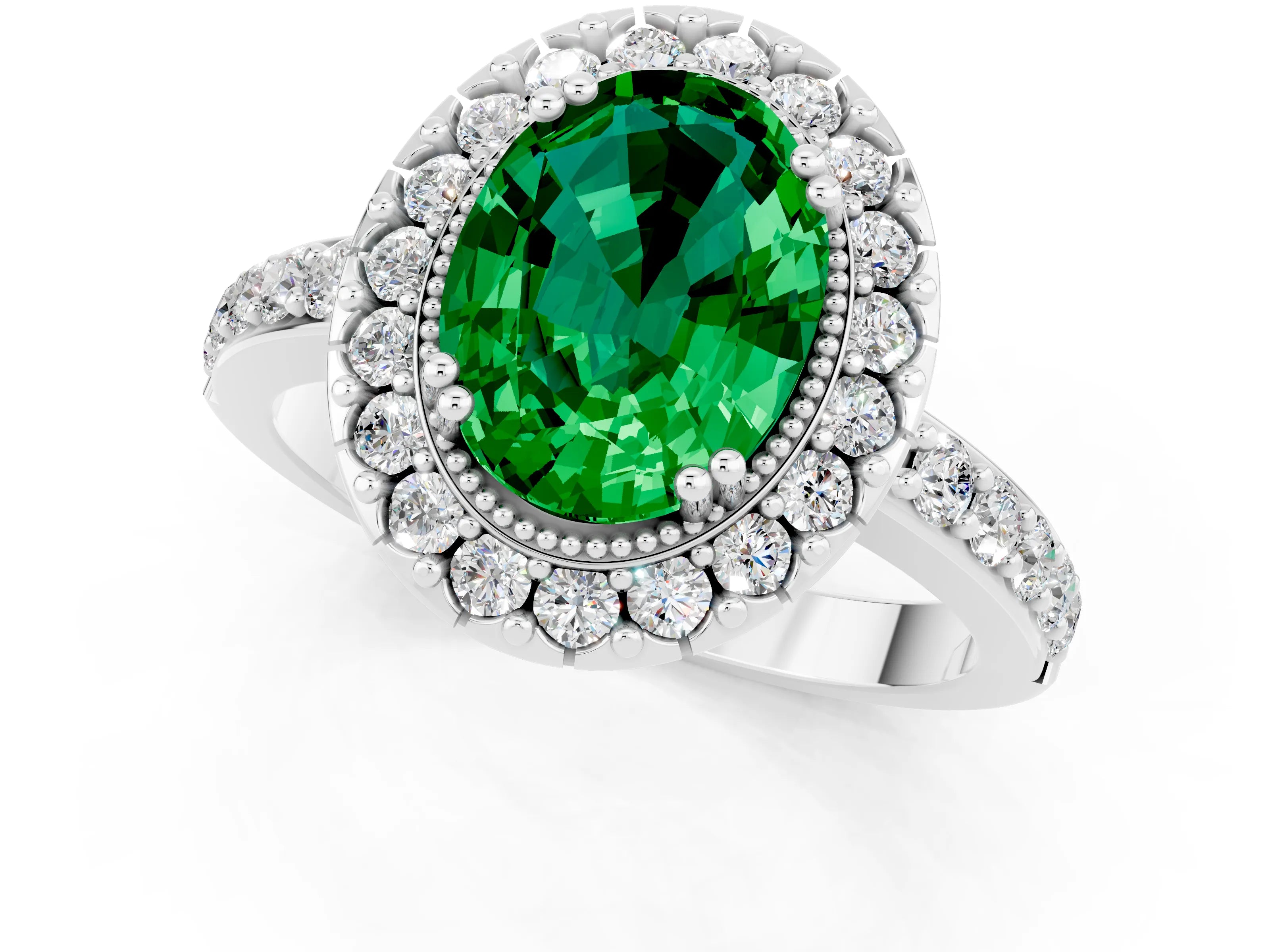 White gold Oval Cut Diamond Halo Ring with Pavé Band and Prong Setting_1