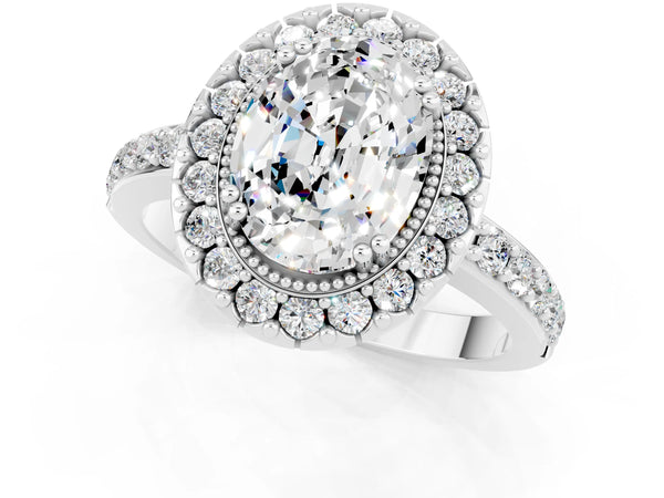 Platinum Oval Cut Moissanite Halo Ring with Pavé Band and Prong Setting