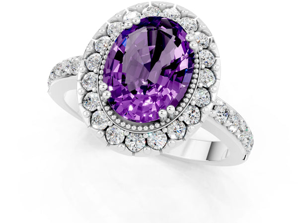 Silver Oval Cut Amethyst Halo Ring with Pavé Band and Prong Setting