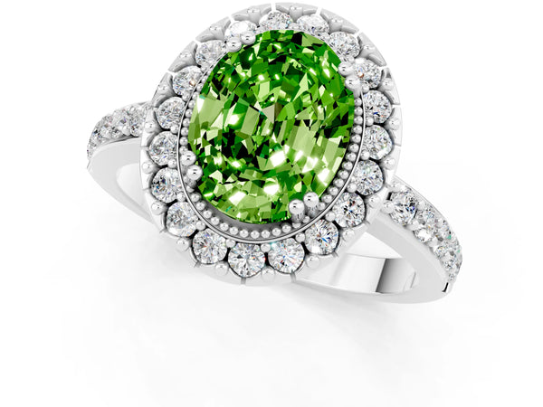 Silver Oval Cut Peridot Halo Ring with Pavé Band and Prong Setting
