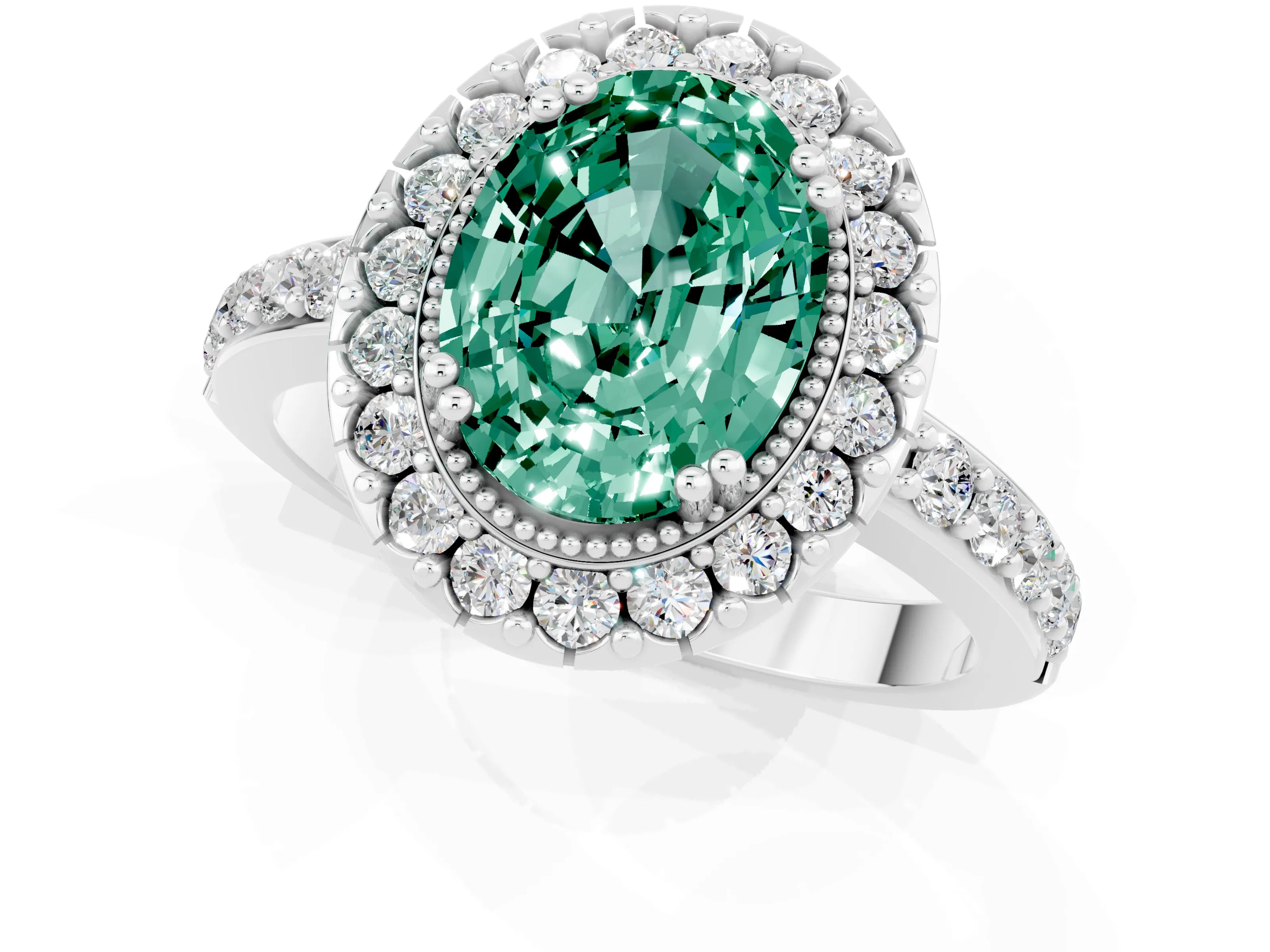 White gold Oval Cut Diamond Halo Ring with Pavé Band and Prong Setting_1