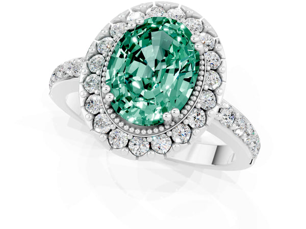 Silver Oval Cut Green Sapphire Halo Ring with Pavé Band and Prong Setting