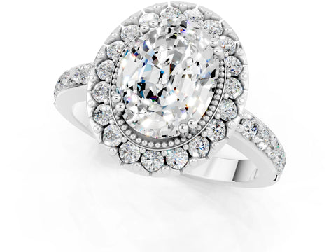 White gold Oval Cut Diamond Halo Ring with Pavé Band and Prong Setting_1
