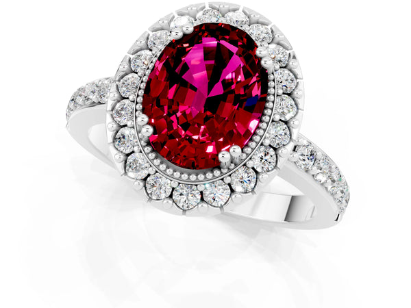 Silver Oval Cut Garnet Halo Ring with Pavé Band and Prong Setting