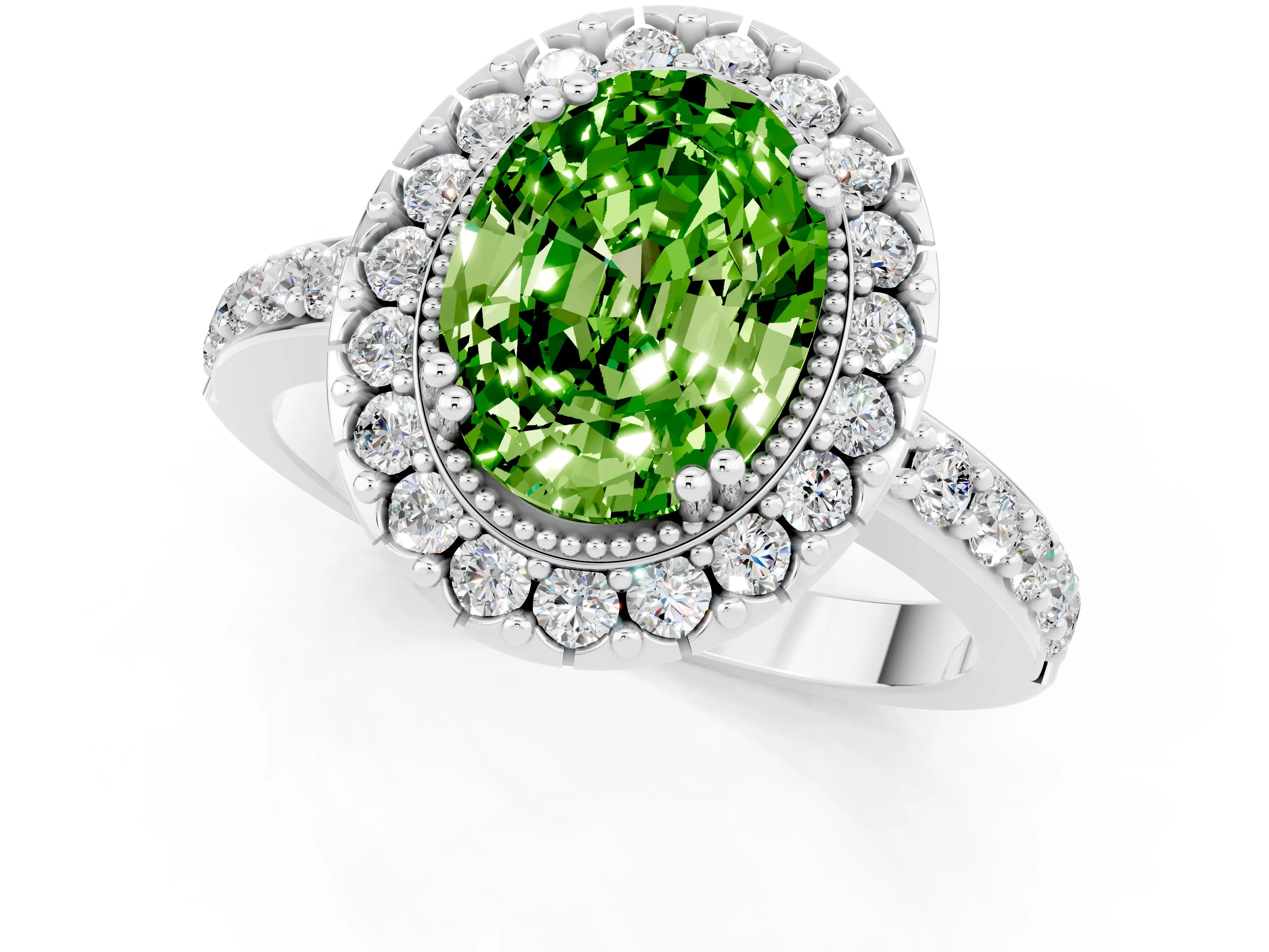 White gold Oval Cut Diamond Halo Ring with Pavé Band and Prong Setting_1