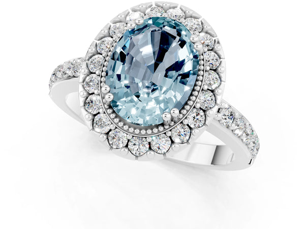 Platinum Oval Cut Aquamarine Halo Ring with Pavé Band and Prong Setting